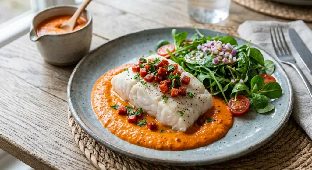 Dos de poisson nacré, crème veloutée aux piquillos & éclats de chorizo